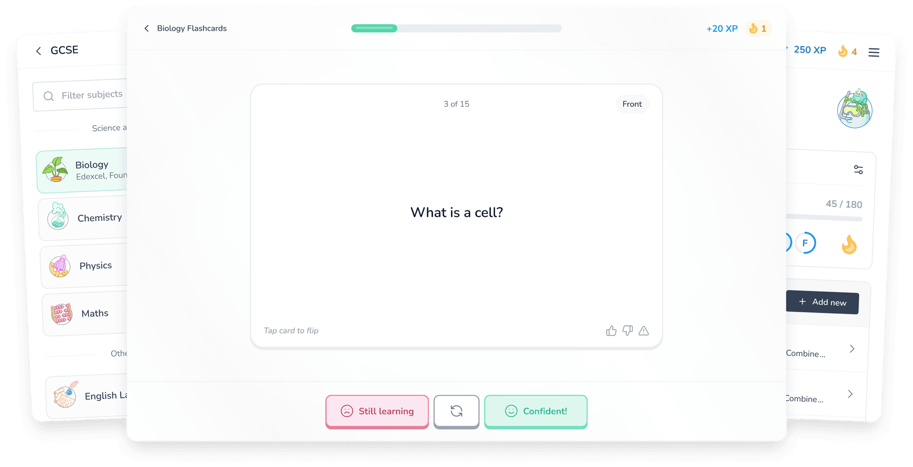 Cognito app showing flashcards, course management, and study dashboard